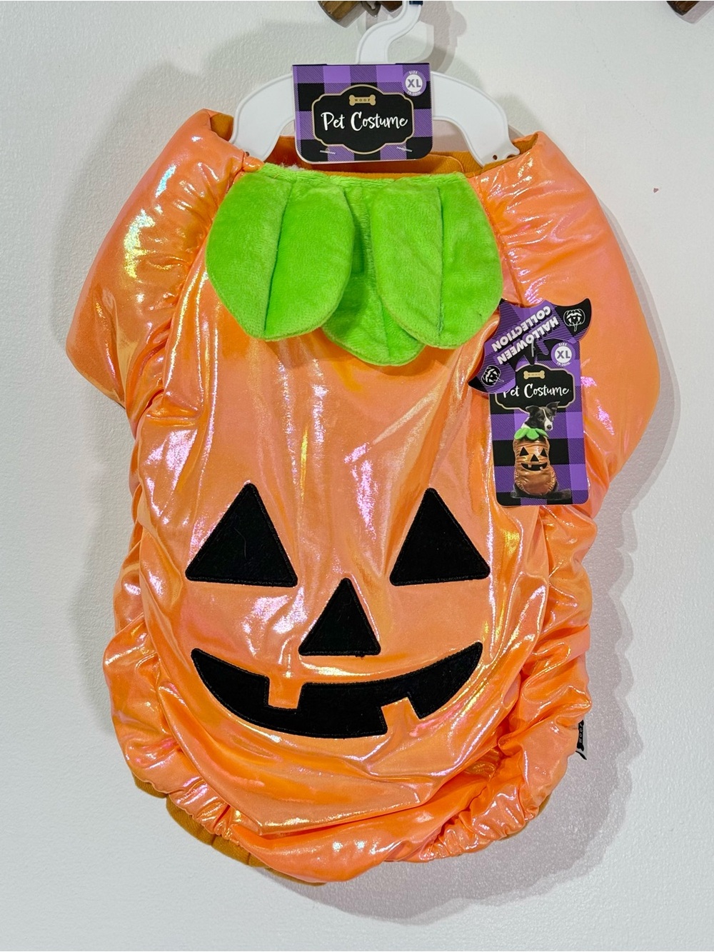 Woof Pet Costume shiny Pumpkin Jack-O'-Lantern Dog Outfit Leaf Collar size XL